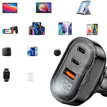 Mocna Szybka Ładowarka Samochodowa 2x USB-C C + USB QC PD 72W + ETUI