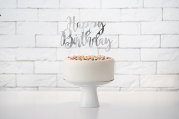 Topper tort urodzinowy Happy Birthday srebrny 22cm