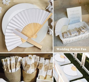 Biały wachlarz drewniany papierowy składany DIY lato ślubny panna młoda