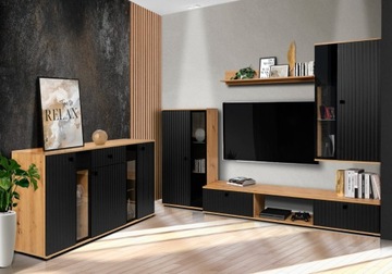 Современная стенка с телевизором SALVIA, рейками, витриной Artisan и черным дубом