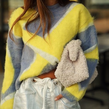 ZARA Piękny Gruby Mechaty SZARY Sweter w Kolorowe Wzory M