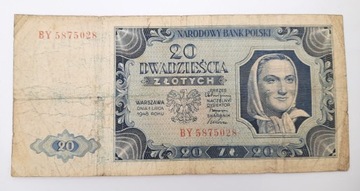 Старая коллекционная банкнота Польша 20 злотых 1948 года.