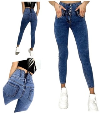 SPODNIE JEANSY DAMSKIE JEANSOWE WYSOKI STAN DOPASOWANE ELASTYCZNE WIĄZANE