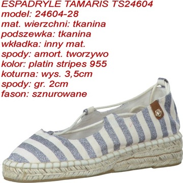 Balerinki espadryle białosrebrne TAMARIS 24604 r. 39 SALE !!!