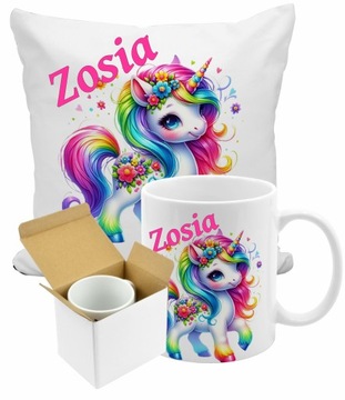 Zestaw kubek poduszka Unicorn, Jednorożec + dowolne imię tekst na prezent