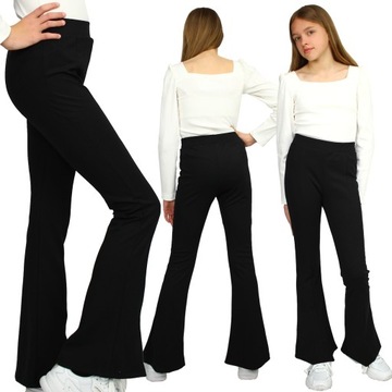 SPODNIE Dresowe BOOTCUT Prążkowane DZWONY Flare CZARNE 140