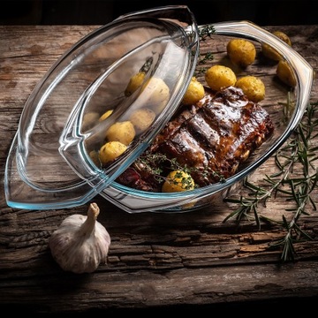 БЛЮДА ИЗ ЖАРОСТОЙКОГО СТЕКЛА С КРЫШКОЙ, ОВАЛЬНАЯ, 2,9 Л.