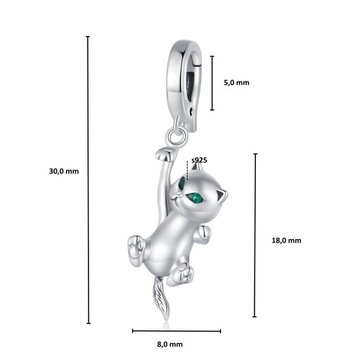 G754 Zwisający kot kotek srebrny charms zapinany zatrzask