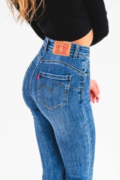 Ciemne klasyczne jeansy damskie spodnie skinny PUSH UP wysoki stan S