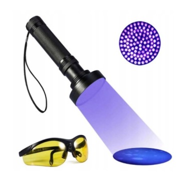 УФ СВЕТОДИОДНЫЙ ФОНАРИК УЛЬТРАФИОЛЕТОВАЯ ЯНТАРНАЯ ЛАМПА 395NM + ОЧКИ