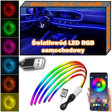 ŚWIATŁOWÓD do Samochodu AMBIENT RGB Gadżety Kabiny ZESTAW 6m 5w1 USB + APP