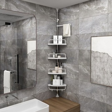 УГЛОВАЯ ПОЛКА ДЛЯ ДУША, ТЕЛЕСКОПИЧЕСКАЯ, БЕЛЫЙ КНИЖНЫЙ ШКАФ, 4 УРОВНЯ