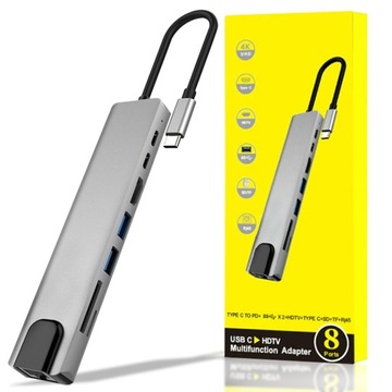 HUB USB C 3.0 8W1 ADAPTER PRZEJŚCIÓWKA PORT HDMI 4K KARTA SD LAN WTYK RJ45