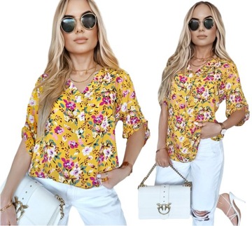 BLUZKA DAMSKA koszula luźna elegancka print dekolt guziki