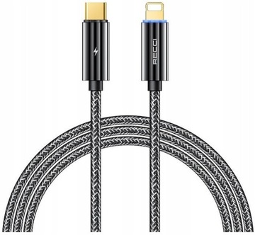 PODŚWIETLANY KABEL LIGHTNING - USB C 20W 1M WZMACNIANY OPLOT LED RECCI