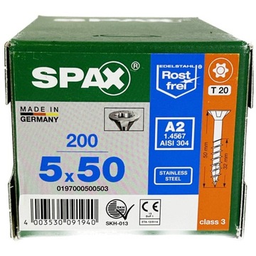 Wkręty uniwersalne nierdzewne, stal szlachetna A2, 5 x 50mm SPAX 200szt