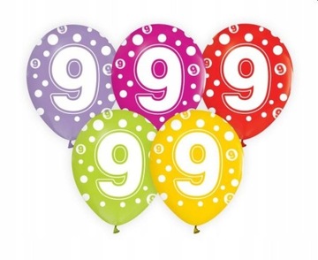 Balony z cyframi 9, 12 cali, 5 szt. Urodziny