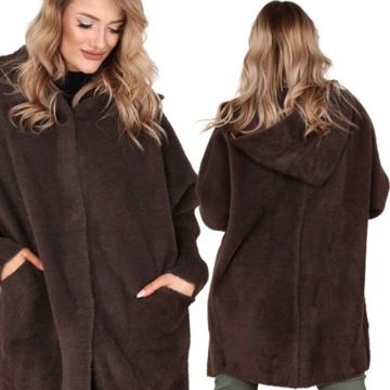 ALPAKA DAMSKA PŁASZCZ KURTKA SWETER CIEPŁA DŁUGA KAPTUR SUWAK BRĄZOWY 1946