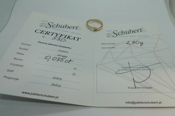 Złoty pierścionek z BRYLANTEM DIAMENTEM 0,035karata SCHUBERT