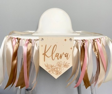 Вымпел с именем на стул - гирлянда с лентами и тюлем, розовый