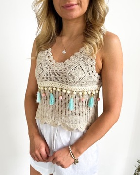 ТОП БЕЖЕВАЯ БЛУЗКА С МОСТИКАМИ МАКРАМЕ БОХО БЕЖЕВЫЙ УНИ