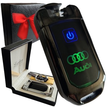 BRELOK SAMOCHODOWY AUDI ZAPALNICZKA LED RGB PUDEŁKO NA PREZENT Z KOKARDA