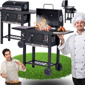 GRILL WĘGLOWY ogrodowy stalowy z pokrywą termometr kółka DUŻY z półkami XL