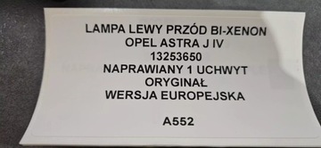 SVĚTLO LEVÝ PŘEDNÍ BI-XENON OPEL ASTRA J IV 13253650