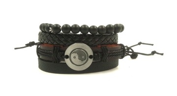 4 Bransoletki Męskie Bransoletka Yin Yang regulowane czarne Tao Azja skóra