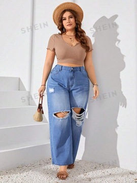 SHEIN CURVE SPODNIE JEANSY DAMSKIE NIEBIESKIE Z DZIURAMI SZEROKIE XL 438