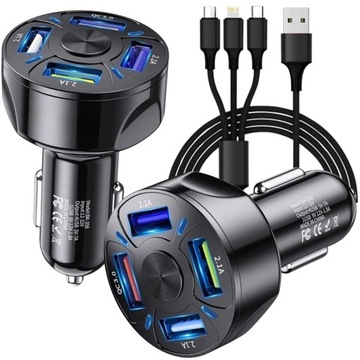 Ładowarka samochodowa 4xUSB QC 3.0 2.1A Kabel 3w1