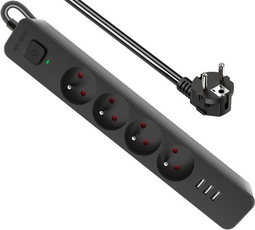 Listwa Zasilająca Przedłużacz z 3xUSB z Włącznikiem Antyprzepięciowa 1,5m