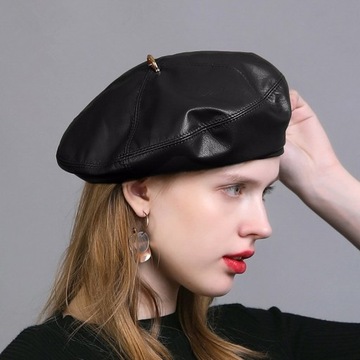 BERET SKÓRZANY SKÓRA NATURALNA CZARNY