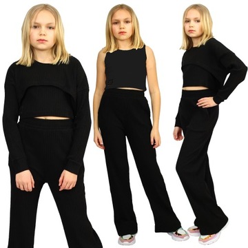 KOMPLET 3cz BLUZA Top SPODNIE Szerokie BAWEŁNA 128