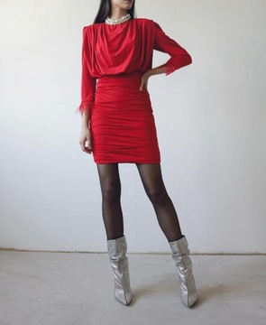 Czerwona Sukienka Damska Yoshe Krótka Dopasowana z Marszczeniem r.34