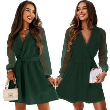 SUKIENKA ELEGANCKA WESELE DEKOLT TIUL RĘKAWY L/XL