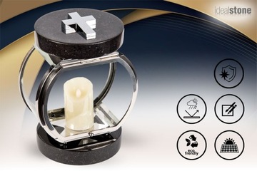 Elegancki Lampion nagrobny okrągły srebrny stal+granit czarny