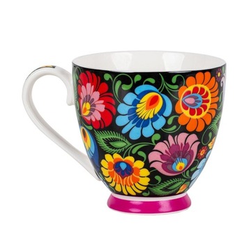 FILIŻANKA FOLK - WZORY ŁOWICKIE CZARNA 350 ML FOLKSTAR