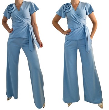 ELEGANCKI BŁĘKITNY KOMPLET BLUZKA Z RÓŻĄ 3D SPODNIE WIDE LEG roz.48 (36-56)
