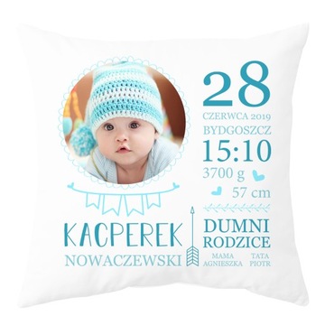 PODUSZKA ZE ZDJĘCIEM METRYCZKA CHRZEST URODZINY