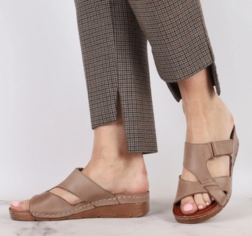 Brązowe klapki skórzane komfortowe na niskiej koturnie eleganckie ROZ. 39