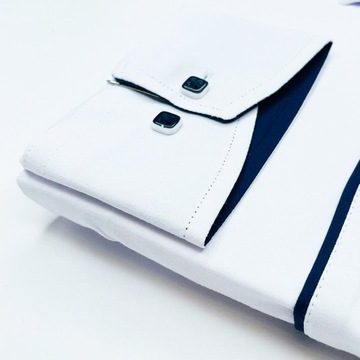 Elegancka biała koszula męska kwadratowe guziki z lycrą z lamówką SLIM-FIT