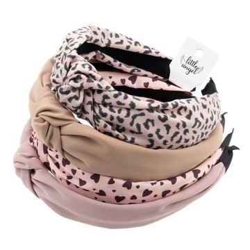 Zestaw 4 szerokich opasek do włosów z supełkiem Pastelowe Różowe Serduszka