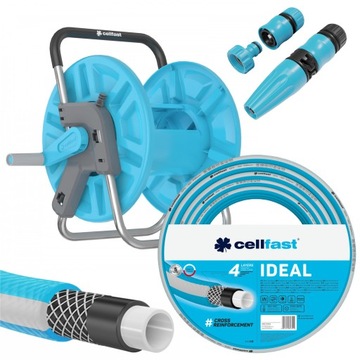 САДОВЫЙ ШЛАНГ CELLFAST НА ПОДСТАВКЕ, 50 м, ПИСТОЛЕТ-РАСПЫЛИТЕЛЬ, 3 СОЕДИНИТЕЛЯ, УФ-НОСИТЕЛЬ