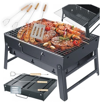 ZESTAW GRILL OGRODOWY WĘGLOWY TURYSTYCZNY |SKŁADANY |+ SZTUĆĆE DO GRILLA