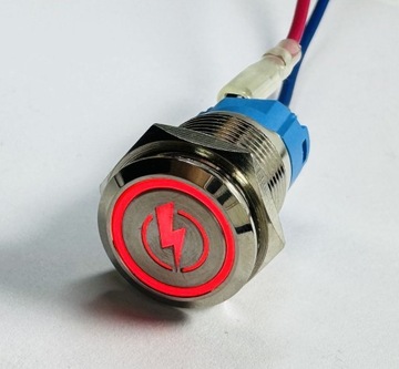Przycisk metalowy podświetlany symbol zasilania piorun 16mm LED 12V 24V bi