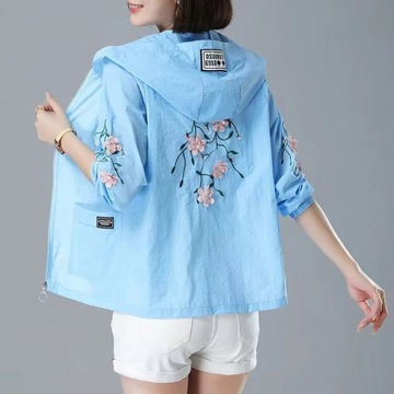 Embroidery Print Hooded Thin Coat Spring Summer Ov