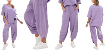 WŁOSKI ELEGANCKI KOMPLET BAWEŁNIANY BLUZKA SPODNIE DRESOWY OVERSIZE L