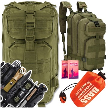 GOTOWY ZESTAW 3w1 PLECAK TAKTYCZNY KHAKI KIT SURVIVAL FOLIA TERMICZNA KOC