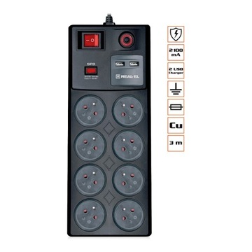 LISTWA ZASILAJĄCA PRZEDŁUŻACZ 8 GNIAZD 2 x USB 3m.